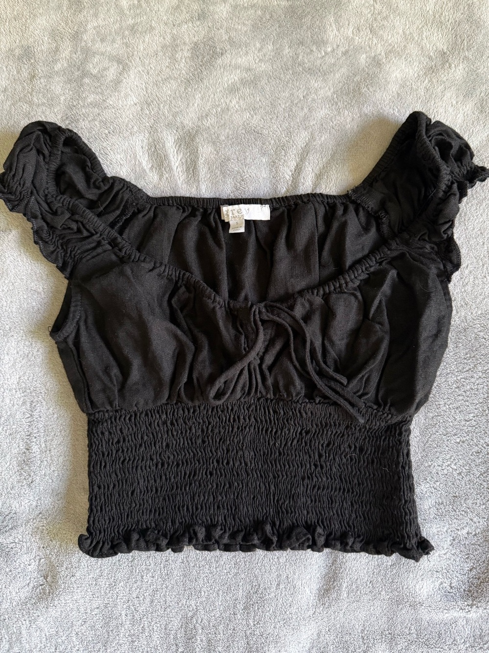 Smocked Black Crop Top with Ruched Tie Front